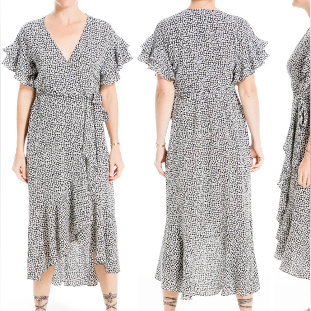 Max Studio Ruffle Crepe High/Low Wrap Midi Dress